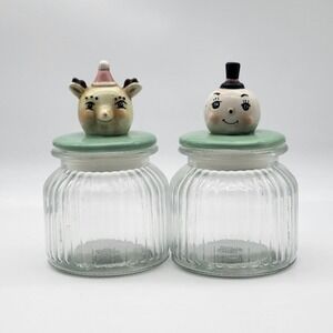 Johanna Parker Whimsical Glass Canister Jars Reindeer & Snowman Set Of 2